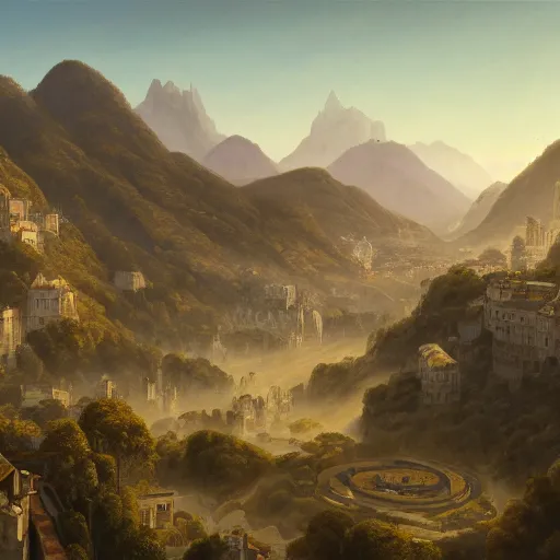 Prompt: A beautiful ultradetailed painting of a huge gilded city standing at the bottom of a valley surrounded by mountains, morning shot, pale blue mist, sunny skies, Raphael Lacoste, Makoto Shinkai, 4k, trending on artstation, aerial photography, ultrawide lens