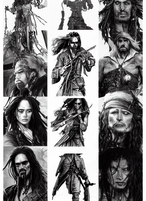 Image similar to detailed pencil spot illustrations of various character concepts from cyberpunk and pirates of the caribbean movie, various poses, by burne hogarth, by bridgeman, by anthony ryder, by yoshitaka amano, by ruan jia, by conrad roset, by mucha, artstation, artstation.