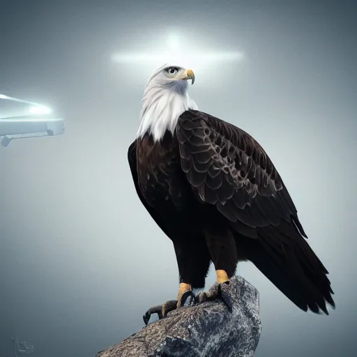 Image similar to A extremely realistic photo of an eagle with night vision goggles, standing bird, sharp claws, cloudy, midnight, smoke, ultra high detail digital art, trending on Artstation, unreal engine