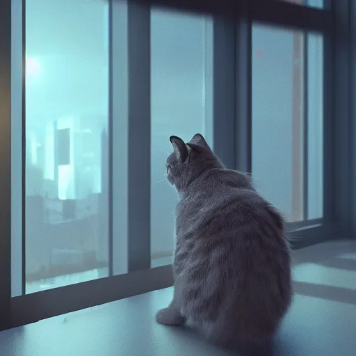 Image similar to Big european shorthair cat and small fluffy kitten, napes, in the apartment room looking to window in a cyberpunk city, soft god rays from city lights outside the window, unreal engine 5, soft neon atmosphere, photorealistic, soothing colors, somber melancholic matte painting, hyperrealism, hyperrealistic, cinematic masterpiece, cyberpunk style 8k ultrahd octane render