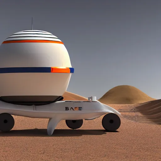 Image similar to a Space X design inspired, white colored, tall rounded rectangular shaped multi-level cargo personnel planetary transport vehicle with orange accents, wires and tubes, communication systems, antennas, on top is a hemisphere shaped life support pod, stairs, off road wheels, on a flat desert planet, sunlight, dramatic contrasting light, high quality, 3D render, long shot, clear blue sky, detailed