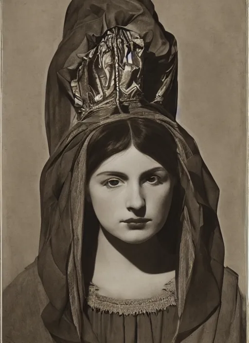 Image similar to portrait of young woman in renaissance dress and renaissance headdress, art by edward weston