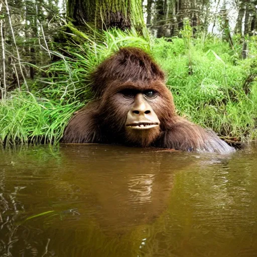 Image similar to sasquatch peeking head out of swamp water