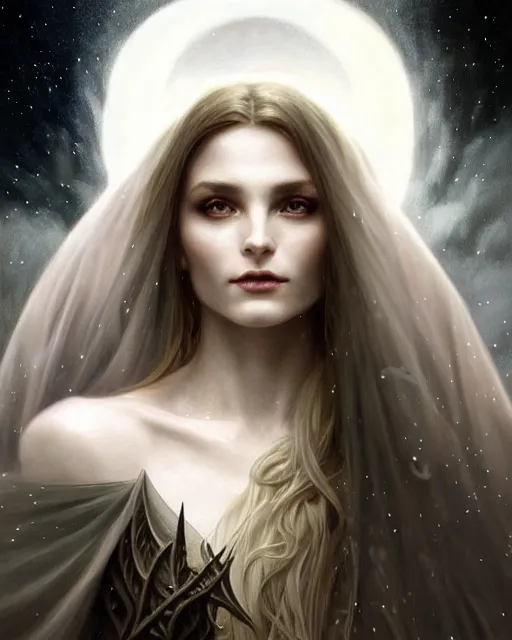 Image similar to realistic portrait of a beautiful white witch, dark night, beautiful, heroic pose, beautiful face, magic, dark magic, dramatic lighting, intricate, wild, highly detailed, digital painting, artstation, concept art, smooth, sharp focus, illustration, art by artgerm and greg rutkowski and alphonse mucha, footage from space camera