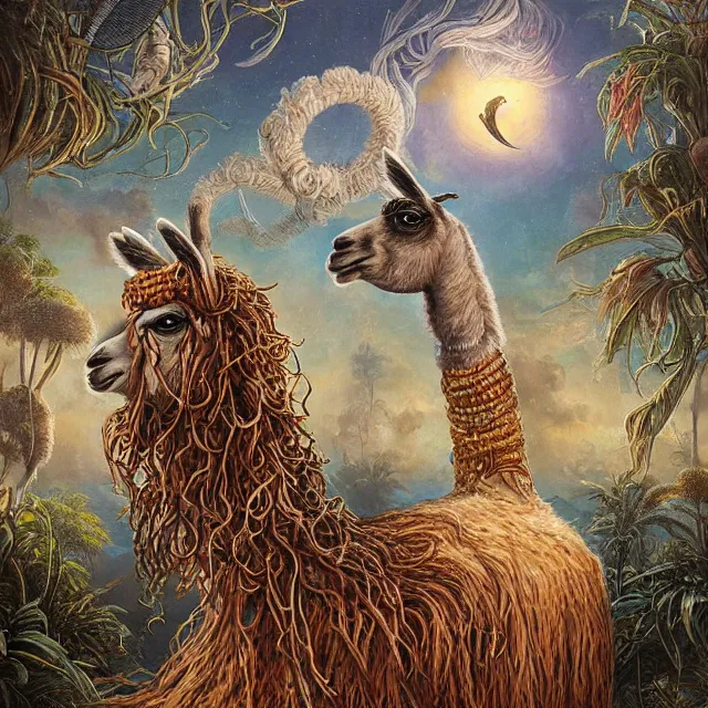 Image similar to llama with dreadlocks, night city, by mandy jurgens, ernst haeckel, james jean