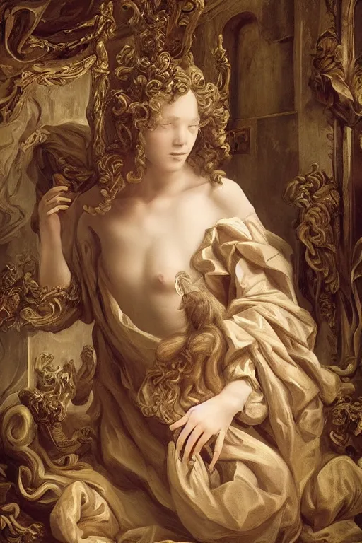 Image similar to the dweller on the threshold dramatic, elaborate emotive Baroque and Rococo styles to emphasize beauty as a transcendental, 8k image, ultra-realistic