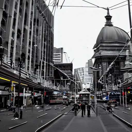 Image similar to a dystopian version of Flinders Street Melbourne Australia, robots in the street.
