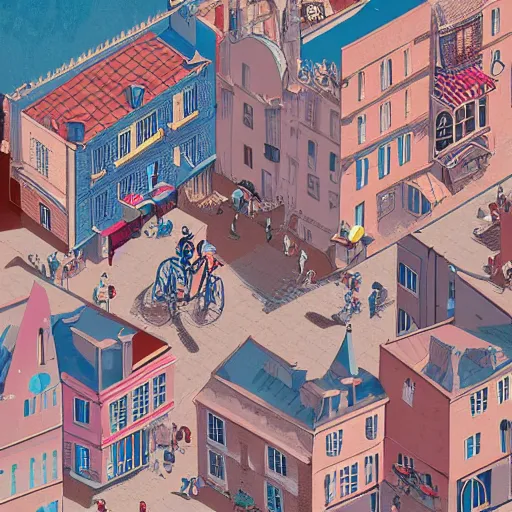 Image similar to dream isometric view illustration of a medieval Marseille street corner, highly detailed, mid day by Victo Ngai and James Gilleard