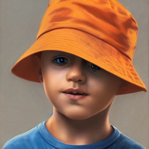 Image similar to a detailed portrait of a boy with blue eyes and blonde hear wearing an orange bucket hat, art illustration, incredibly highly detailed and realistic, 8 k, sharp focus