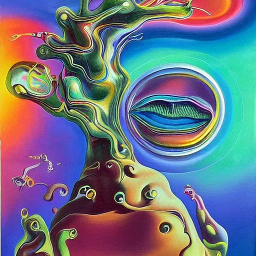 Image similar to a very very extremely high quality hd surrealism acrylic painting of a 3d galactic neon complimentary colored cartoon surrealism melting creature by kandsky and salvia dali the 1024th, salvador dali's much much much much more talented painter cousin, 4k, ultra realistic