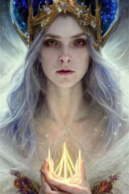 Image similar to realistic portrait of a beautiful white witch, crafting spells, bright witch, beautiful face, fantasy, chaos, magic, dark magic, dramatic lighting, intricate, wild, highly detailed, digital painting, artstation, concept art, smooth, sharp focus, illustration, art by artgerm and greg rutkowski and alphonse mucha, footage from space camera