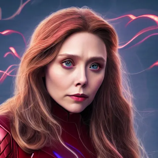 Image similar to movie still of elizabeth olsen as scarlet witch rewriting the fabric of reality, photorealistic art style, fantasy aesthetic. full - body photography, comprehensive art, thorough details, intricate, artstation, cgsociety contest winner