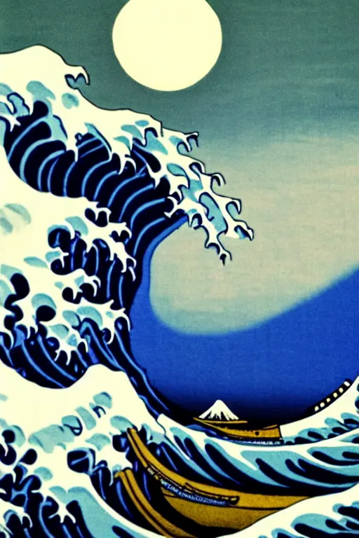 Image similar to The Great Wave off Kanagawa, Moon in the background, fine art photography