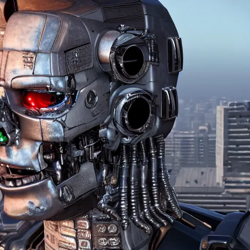 Image similar to closeup on the head of a terminator with borg enhancements, cameras for eyes, open head without plating and all components and gears are visible inside, ultra detailed 8k. There is a dystopian city in the background. Rendered with unreal 5 engine with ray tracing and tessellation