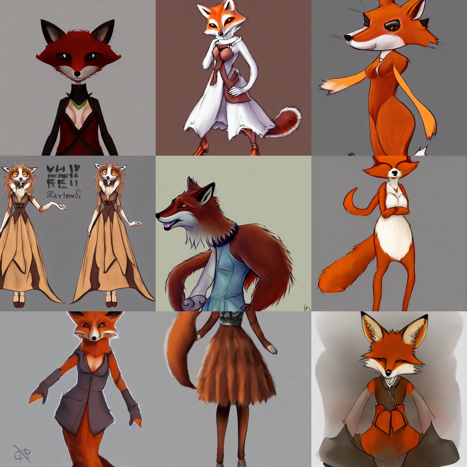 Prompt: an anthropomorphic fox in a dress, furry fursona, artstation, concept art