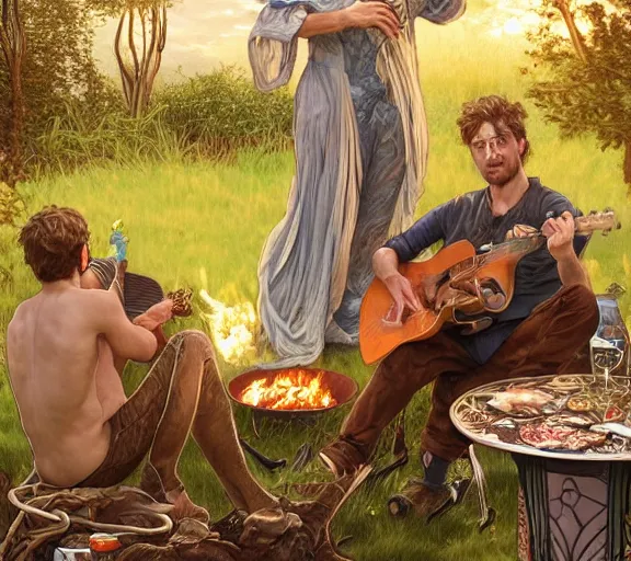 Image similar to three guys talking in the backyard with a barbecue and a bonfire, one guy playing guitar, evening, fantasy, intricate, elegant, highly detailed, digital painting, artstation, concept art, smooth, sharp focus, illustration, art by artgerm and H R Giger and alphonse mucha