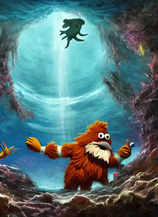 Prompt: sports mascots gritty and the phill phanatic battle in and undersea grotto of sharks, cosmic horror painting, elegant intricate digital painting artstation concept art by mark brooks and brad kunkle detailed