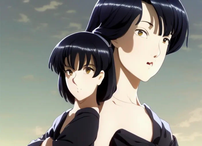 Image similar to a film still portrait of a fubuki as a confident woman, dark hair, black ornate dress, finely detailed features, closeup at the faces, perfect art, at an ancient city, gapmoe yandere grimdark, trending on pixiv fanbox, painted by greg rutkowski makoto shinkai takashi takeuchi studio ghibli, akihiko yoshida