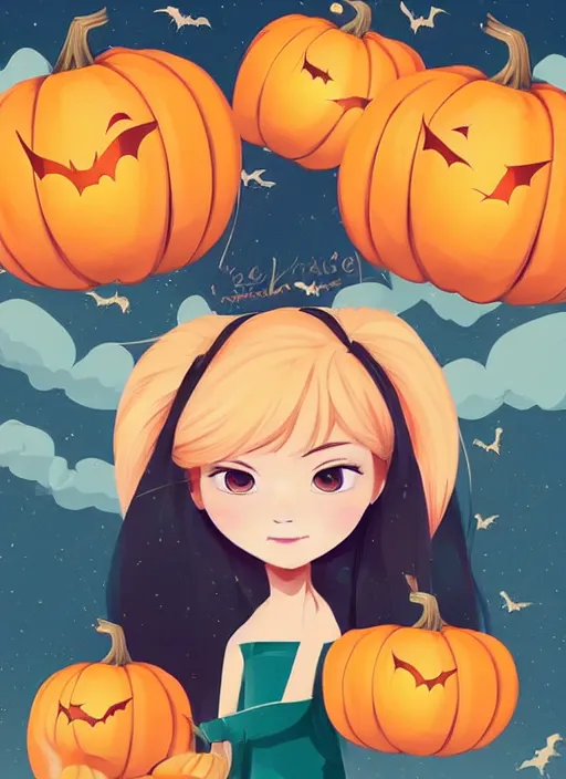 Image similar to little girl with long blonde hair holding a pumpkin. bats in the background. clean cel shaded vector art. shutterstock. behance hd by lois van baarle, artgerm, helen huang, by makoto shinkai and ilya kuvshinov, rossdraws, illustration, art by ilya kuvshinov