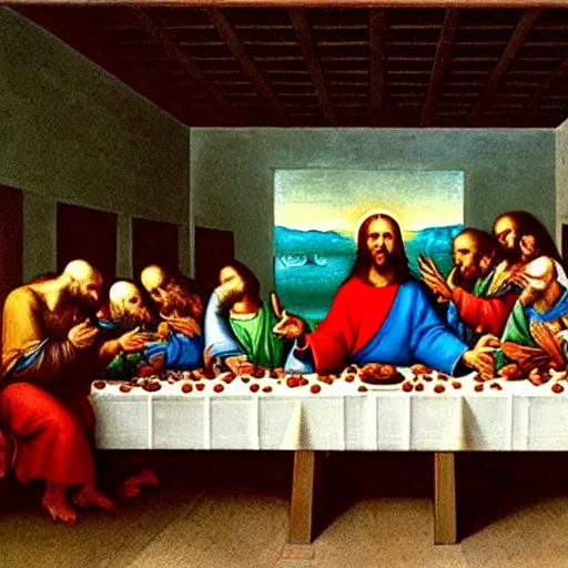 Image similar to Jesus eating KFC at the last supper, Leonardo da Vinci