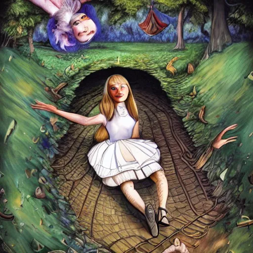 Prompt: Alice , falling down the rabbit hole with reality distorting around her