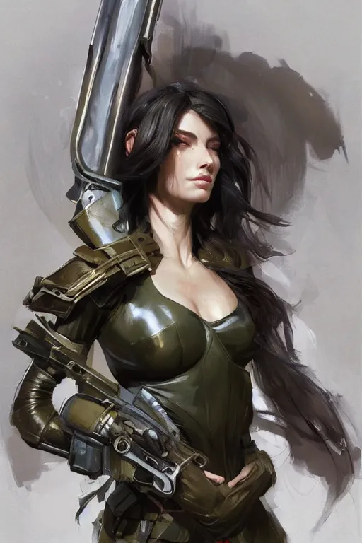 Image similar to a professionally painted portrait of an attractive young woman, clothed in military armor, olive skin, long dark hair, beautiful bone structure, symmetrical facial features, intricate, elegant, digital painting, trending on Artstation, concept art, smooth, sharp focus, illustration, from Metal Gear by Ruan Jia and Mandy Jurgens and Artgerm and William-Adolphe Bouguerea, award winning