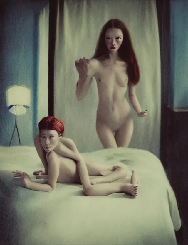 Image similar to dressed girl in hotel room, redshift, wide high angle coloured polaroid photograph with flash, kodak film, hyper real, stunning moody cinematography, anamorphic lenses, by maripol, fallen angels by wong kar - wai, style of suspiria and neon demon and bahnhof zoo, detailed, oil on canvas in style of simplified realism