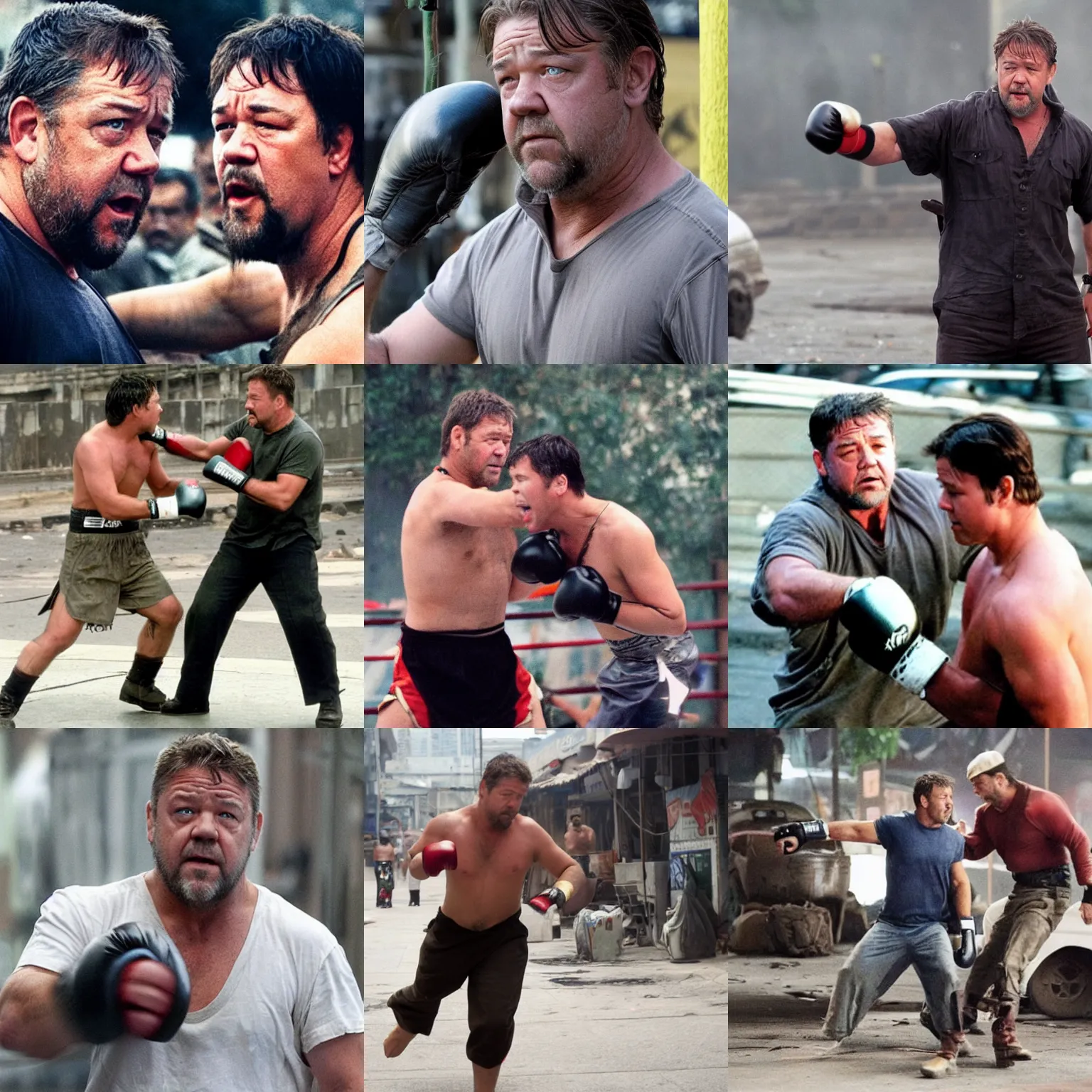 Prompt: russel crowe fighting in asian city