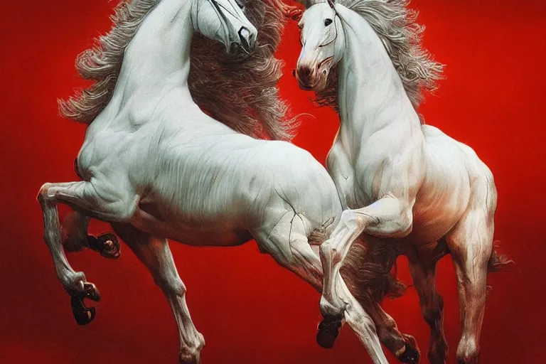 Image similar to a white cyberpunk horses with human heads, in the style of beksinski, intricate and epic composition, red by caravaggio, insanely quality, highly detailed, masterpiece, red light, artstation, 4 k