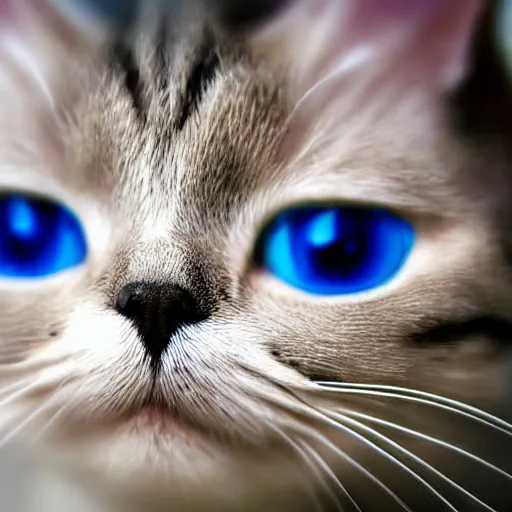 Image similar to a close up of a cat with blue eyes, a portrait by hanns katz, flickr contest winner, mingei, shiny eyes, fisheye lens, shallow depth of field