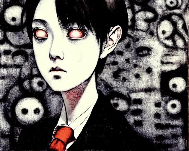 Image similar to yoshitaka amano blurred and dreamy realistic three quarter angle horror portrait of a sinister young woman with short hair, big earrings and white eyes wearing office suit with tie, black and white junji ito abstract patterns in the background, satoshi kon anime, noisy film grain effect, highly detailed, renaissance oil painting, weird portrait angle, blurred lost edges