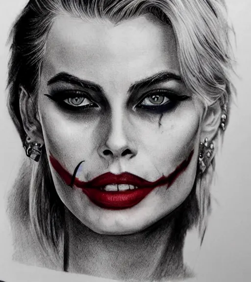 Image similar to tattoo design sketch of beautiful margot robbie portrait with joker makeup, in the style of den yakovlev, realistic face, faded, black and white, realism tattoo, hyper realistic, highly detailed, faded drawing