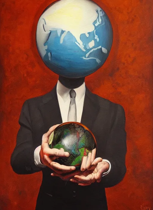 Prompt: a painting of a man holding a globe in his hands, a surrealist painting by Szymon Kot, deviantart, metaphysical painting, oil on canvas, surrealist, dystopian art,