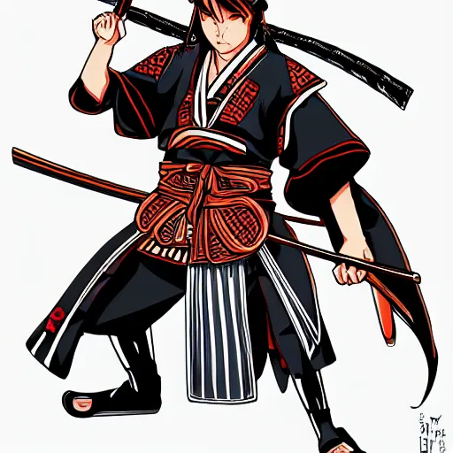 Image similar to it's an anime style of samurai from some japanese anime, i think. the style is very bold - strongly - defined solid colors, rather than shades of shading.