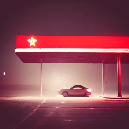 Prompt: “soviet gas station, fog, night, atmospheric lighting, red lights, digital photography”