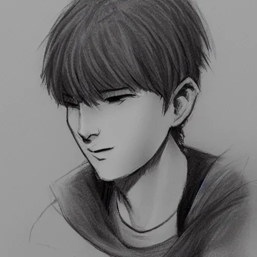 Prompt: sketch of a teenage boy with very short side part hair smiling trending on artstation