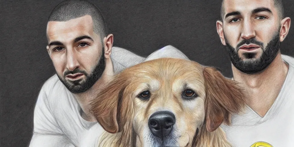 Image similar to beautiful pencil drawing of karim benzema and a golden retriever