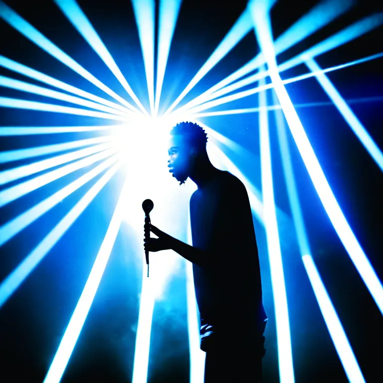 Image similar to rapper using microphone, epic angle, profile view, silhouetted, distinct, psychedelic hip-hop, laser light show, beams of light