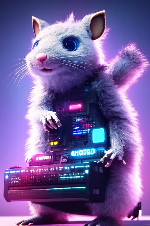 Prompt: high quality 3 d render very cute fluffy cyborg!! rat plays keyboard, cyberpunk highly detailed, unreal engine cinematic smooth, in the style of blade runner & detective pikachu, hannah yata charlie immer, moody light, low angle, uhd 8 k, sharp focus