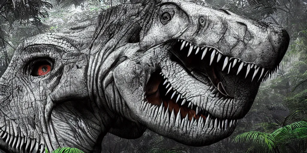 Image similar to photo realism, vary sad, cry tyrannosaurus rex, background jungle, 4 k