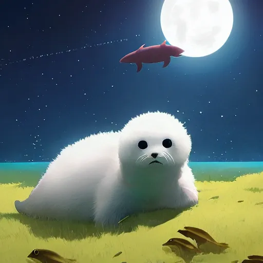 Prompt: baby harp seals being eaten by a tyrannosaurus in a tropical alien world, atey ghailan, goro fujita, studio ghibli, scary lighting, clear focus, very coherent