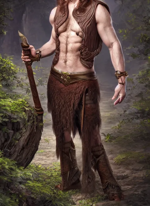 Image similar to a relaxed male elf middle aged druid in a sleeveless west, brown short hair, strong, full body, 8 k, hyperrealistic, hyperdetailed, fantasy portrait by laura sava