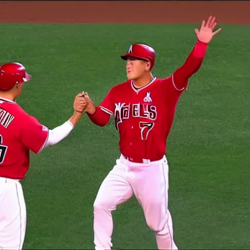 Image similar to mike trout and shohei ohtani holding hands and ascending towards the sky, drawing in the style of a new yorker cartoon