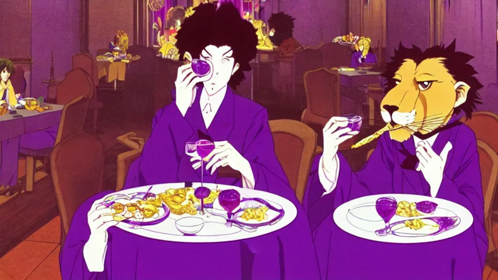 Image similar to a woman wearing a purple dress suit and a purple lion mask eating dinner at a fancy restaurant in Tokyo, anime film still from the an anime directed by Katsuhiro Otomo with art direction by Salvador Dalí, wide lens