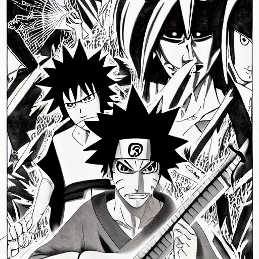 Image similar to Sasuke and Frank Zappa vs Naruto manga panel award winning black and white art by Frank Zappa and Kishimoto highly detailed pen and ink matte painting