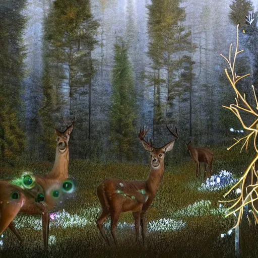 Image similar to a cybernetic ecology. joined back to nature, all watched over by machines of loving grace. a cybernetic forest filled with pines and electronics where deer stroll peacefully past computers as if they were flowers with spinning blossom