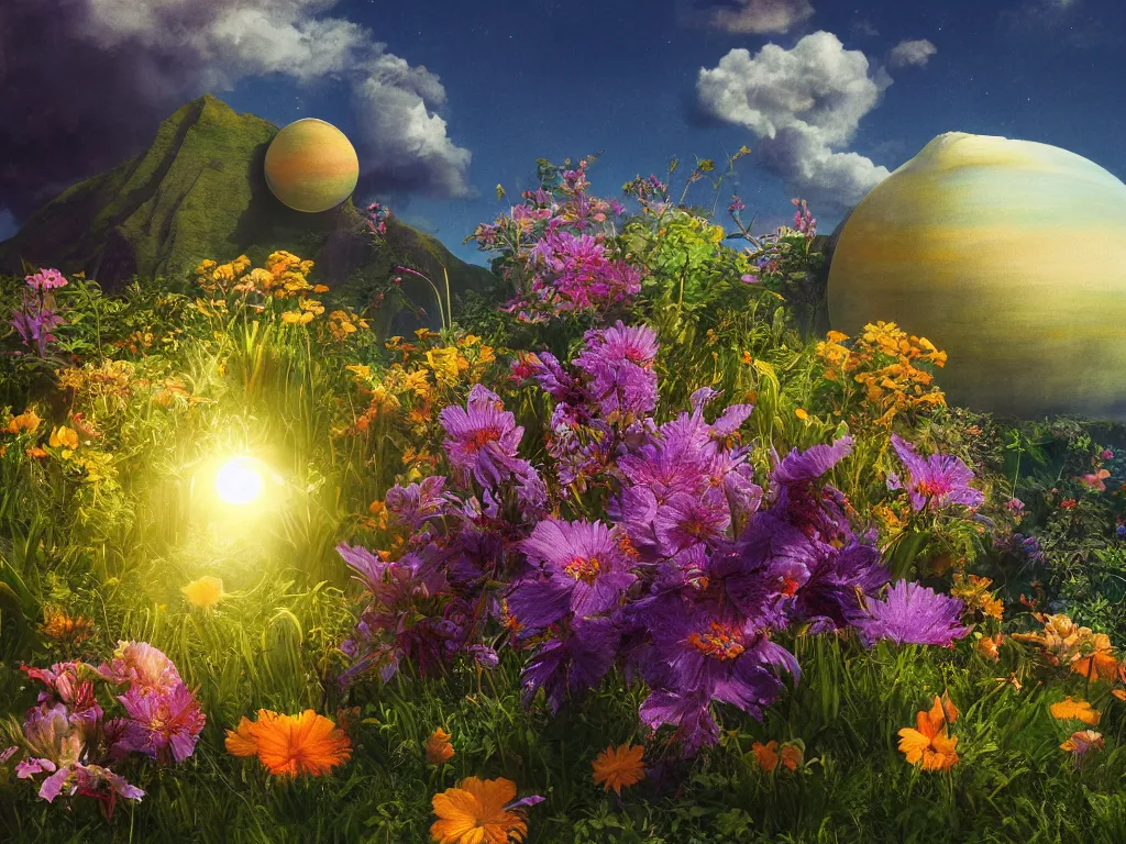 Image similar to sunlight study, the universe is a spheroid region of kauai wildflower undergrowth, art nouveau, by jan davidz de heem and ( ( ( ( ( lisa frank ) ) ) ) ), 8 k, sharp focus, octane render