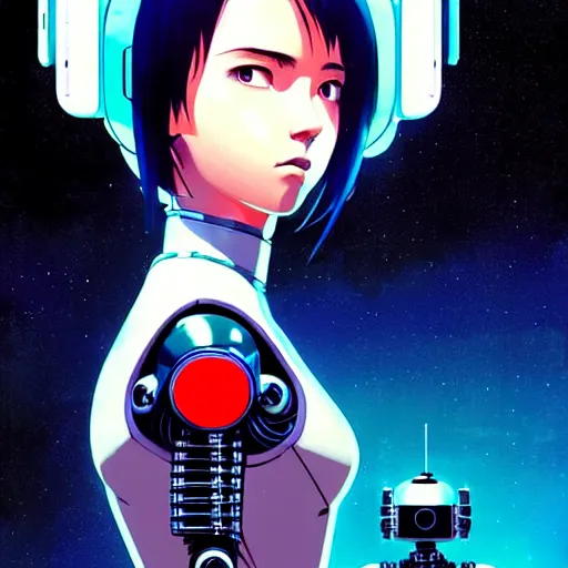 Image similar to side portrait scifi cyborg girl with robotic parts and spacesuit | | head only in center of image, audrey plaza, fine detail!! anime!! realistic shaded lighting!! poster by ilya kuvshinov katsuhiro otomo ghost - in - the - shell, magali villeneuve, artgerm, jeremy lipkin and michael garmash and rob rey