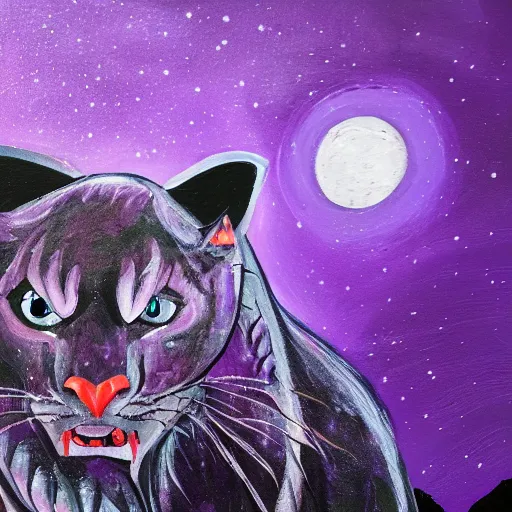 Prompt: closeup of a purple panther roaring at the moon in the forest. night. large moon in the center. detailed eyes. sharp teeth. cinematic. painting. concept art. rustic. gritty.