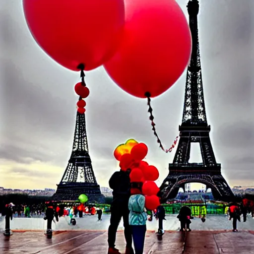 Image similar to two people standing in front of eiffel tower at trocadero holding red baloons, rainy day, strong colors, painting by eugene de lacroix,